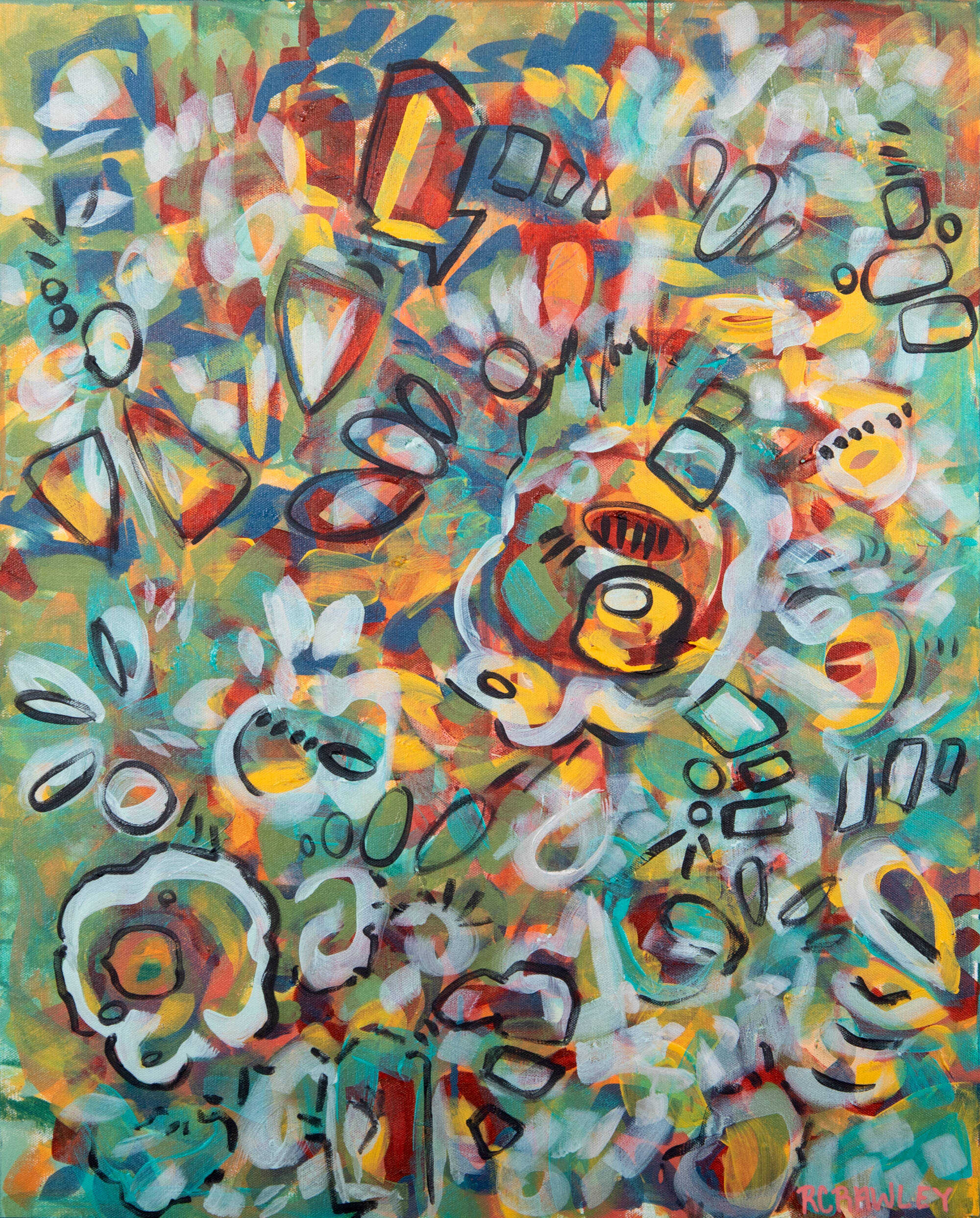 Colorful abstract painting in shades of blue, green, yellow and red with areas outlines in black and white throughout.